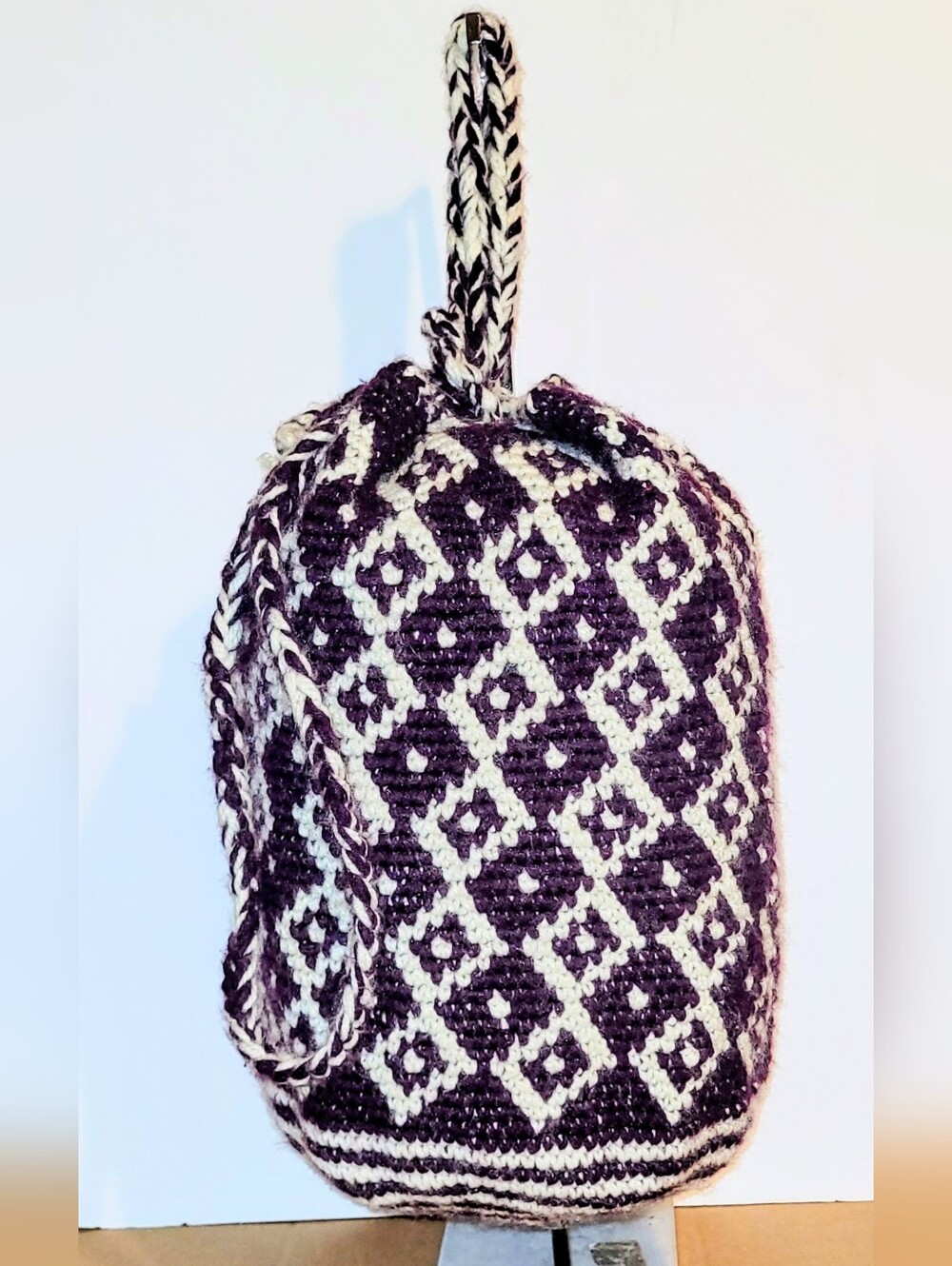 Purple Round Cotton Woven Bucket Bag